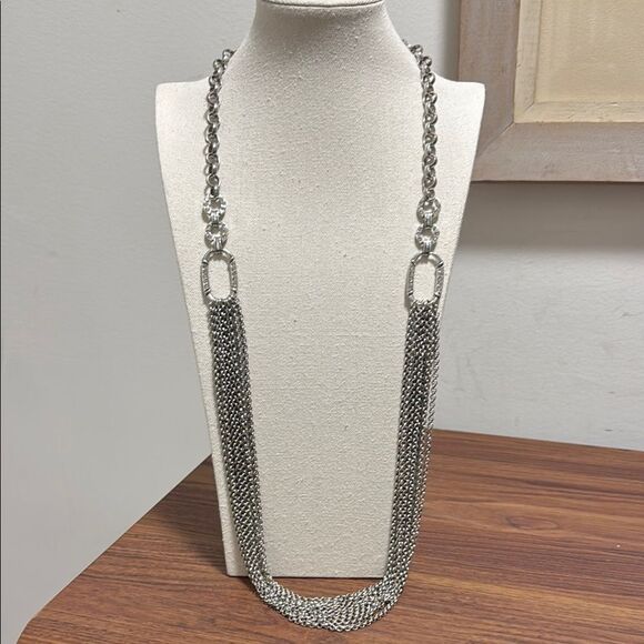 Multi Strand Silver-tone 40 in. Long Chain necklace with Oval CZ Accents. - Picture 1 of 8